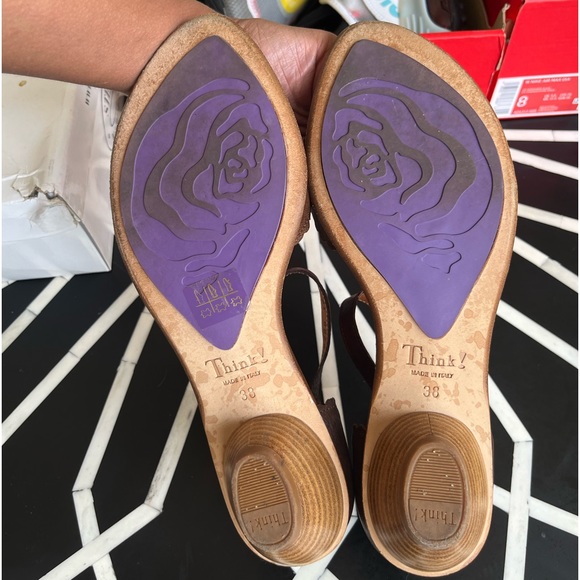 Think! Italian Brown Leather Kitten Heel Non Slip Sole Thong Ankle Strap Sandals - Picture 11 of 12